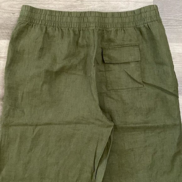 Whistles 100% Linen Wide Leg Crop Pants Womens 14 Olive Green Elastic Waist Soft - Picture 8 of 9